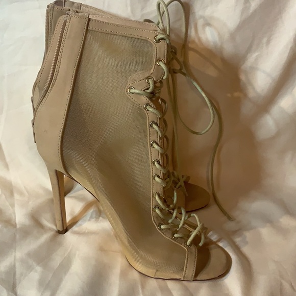 Lace-Up Suede Peep-toe Sheer Stilettos - Picture 4 of 5